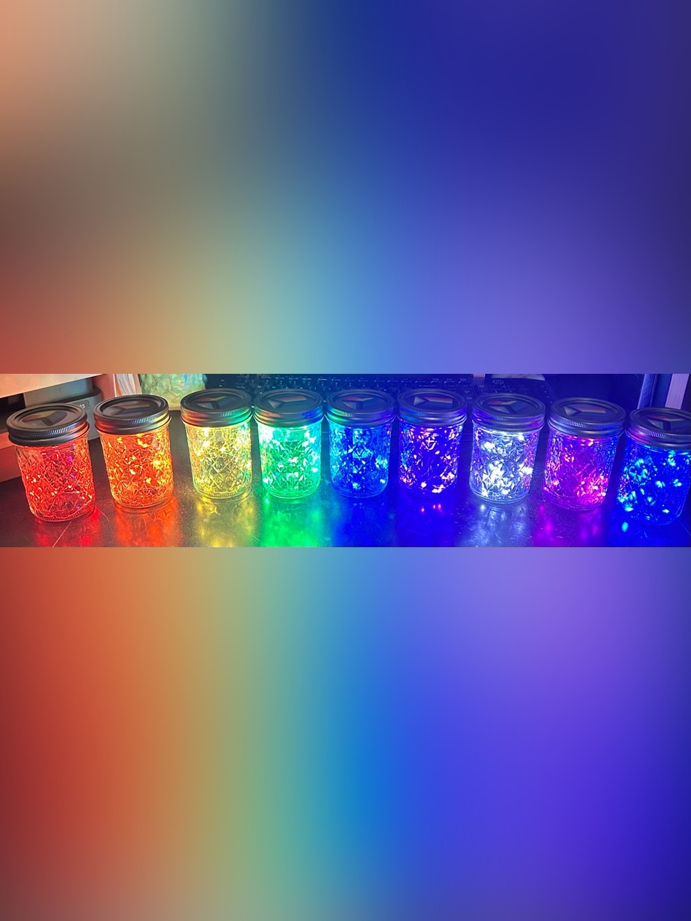 PRIDE RAINBOW FAIRY LIGHTS JARS/1/2 PINT/SET OF 9 JARS/TOP EMBLEMS/HANDMADE/NWT